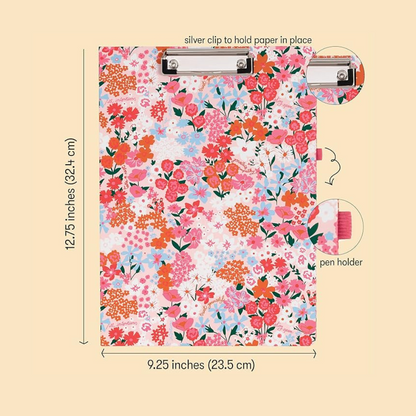 Portafolio con clip Secret Garden, clipboard profesional con diseño floral, bloc de notas removible y clip metálico dorado.