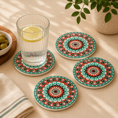 Set de 4 posavasos de cerámica azul con base de corcho, resistentes al calor y al frío.