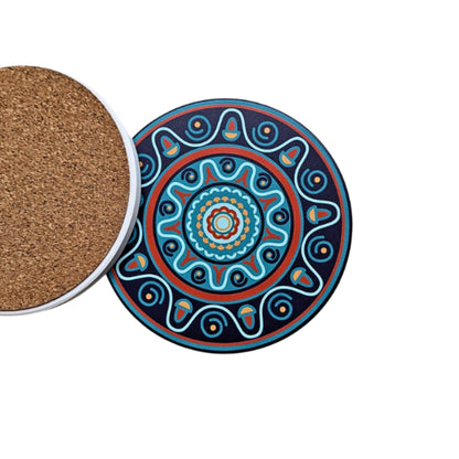 Set de 4 posavasos de cerámica azul con base de corcho, resistentes al calor y al frío.