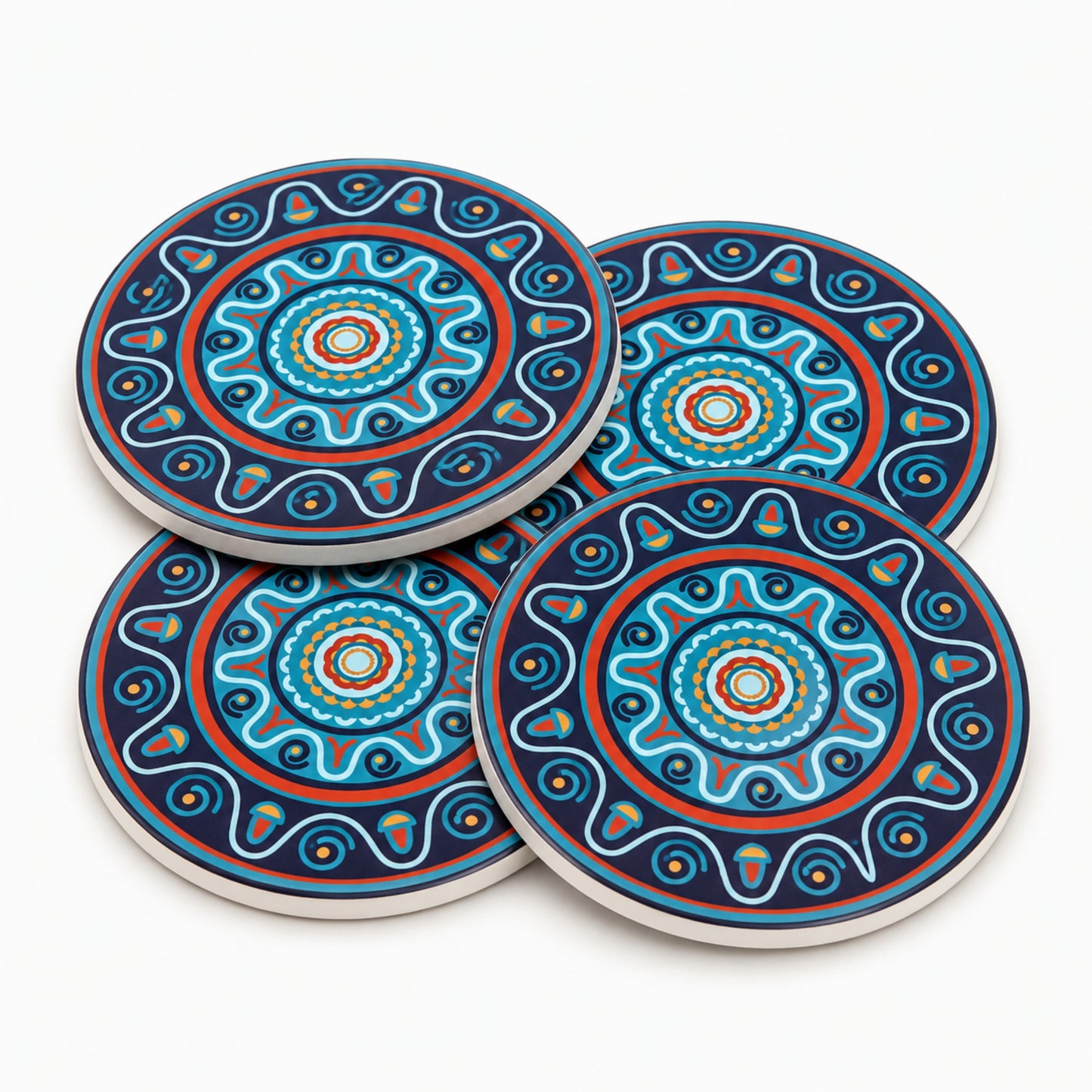 Set de 4 posavasos de cerámica azul con base de corcho, resistentes al calor y al frío.