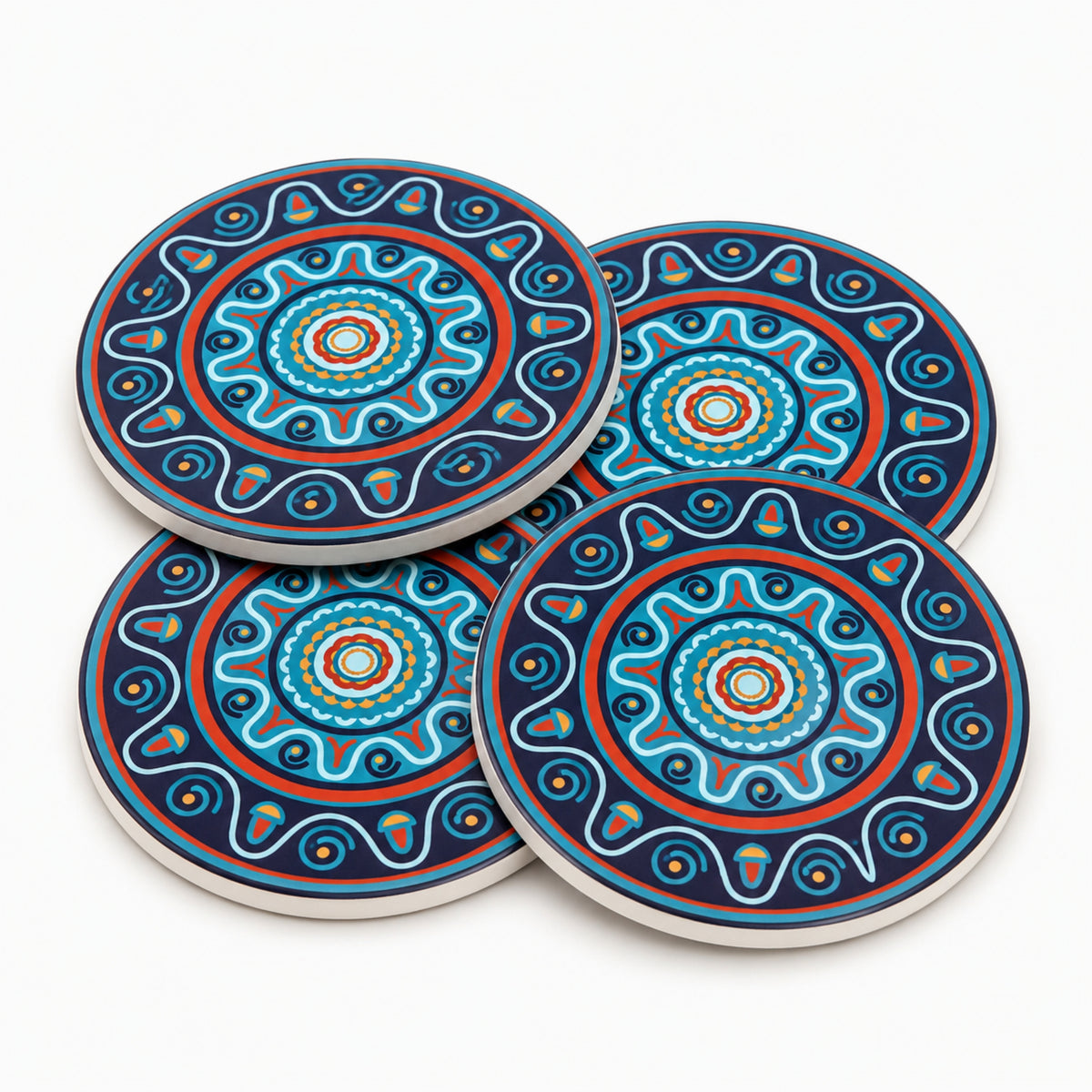 Set de 4 posavasos de cerámica azul con base de corcho, resistentes al calor y al frío.