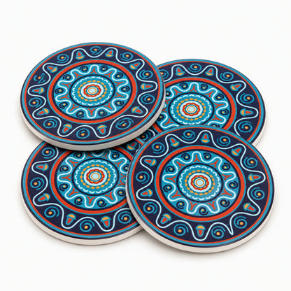 Set de 4 posavasos de cerámica azul con base de corcho, resistentes al calor y al frío.