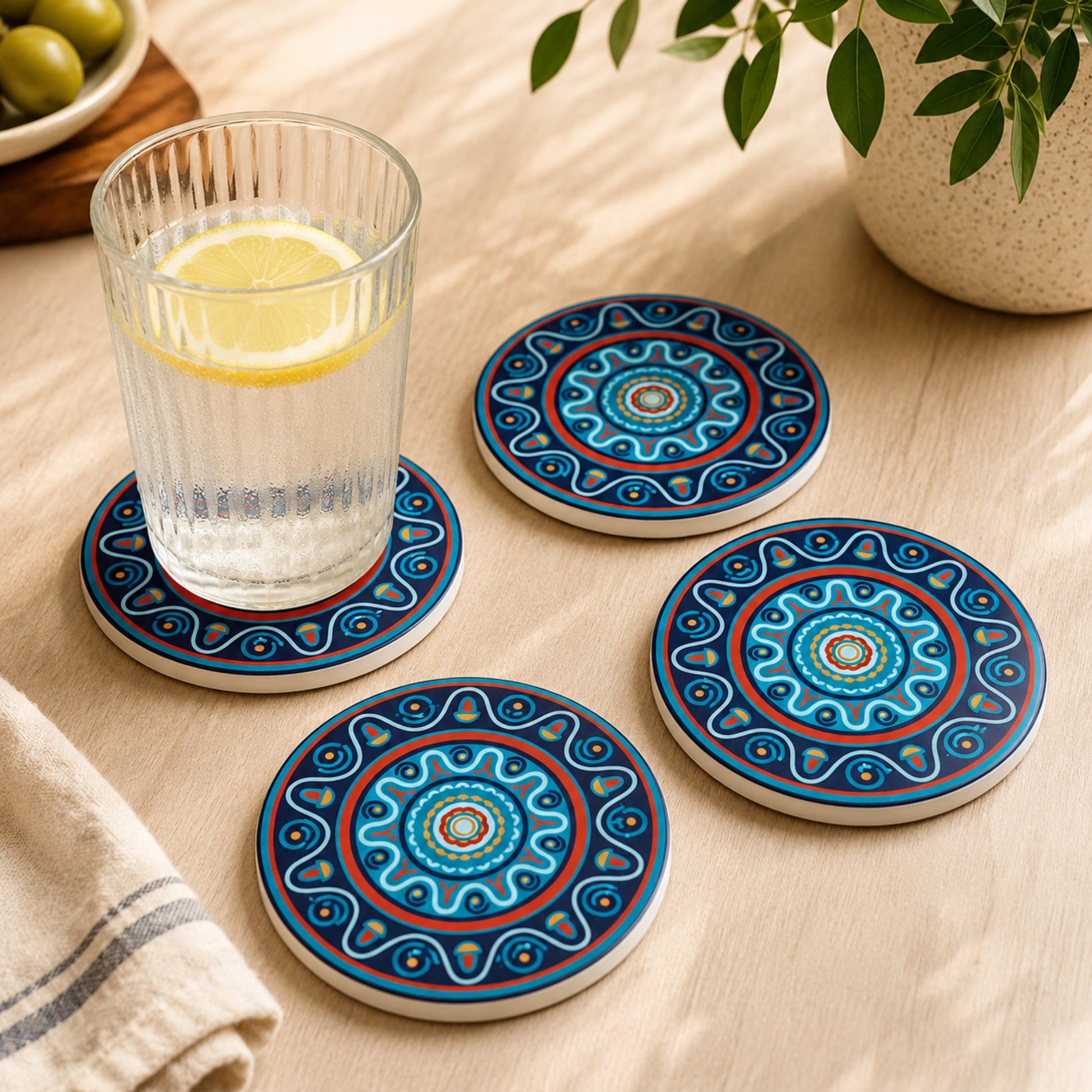Set de 4 posavasos de cerámica azul con base de corcho, resistentes al calor y al frío.