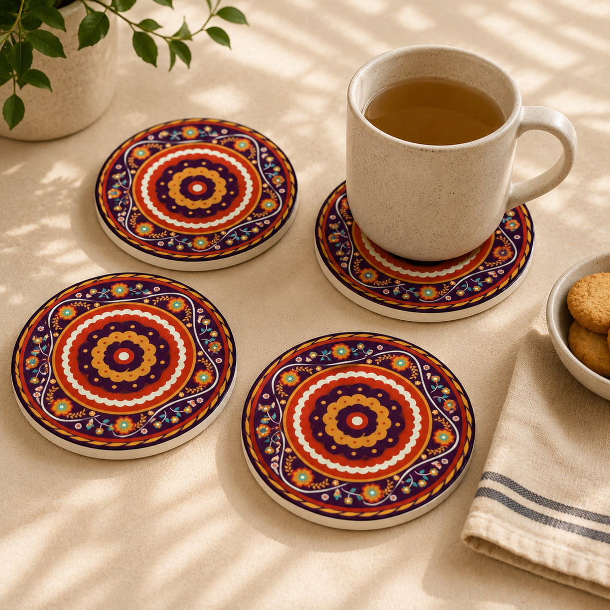 Set de 4 posavasos de cerámica azul con base de corcho, resistentes al calor y al frío.