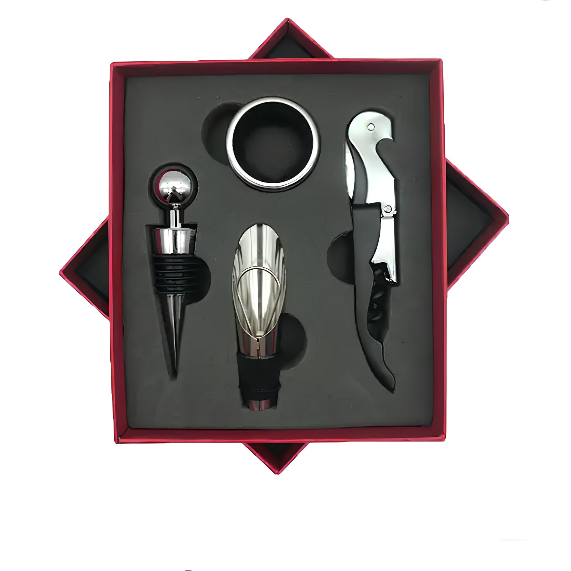 Set de utensilios para bar y vino, incluye sacacorchos, anillo antideslizante, accesorio para servir y tapa para botellas.