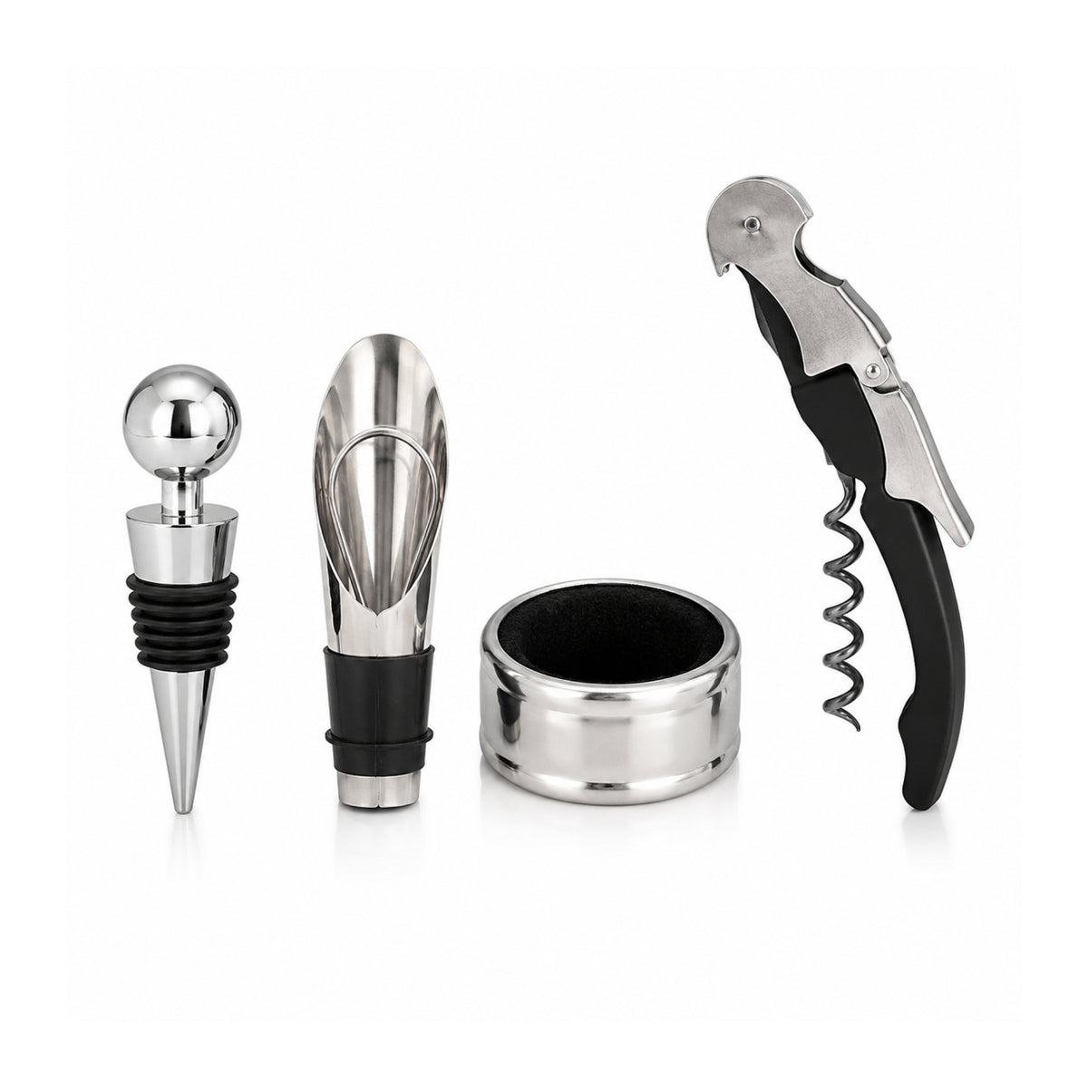 Set de utensilios para bar y vino, incluye sacacorchos, anillo antideslizante, accesorio para servir y tapa para botellas.