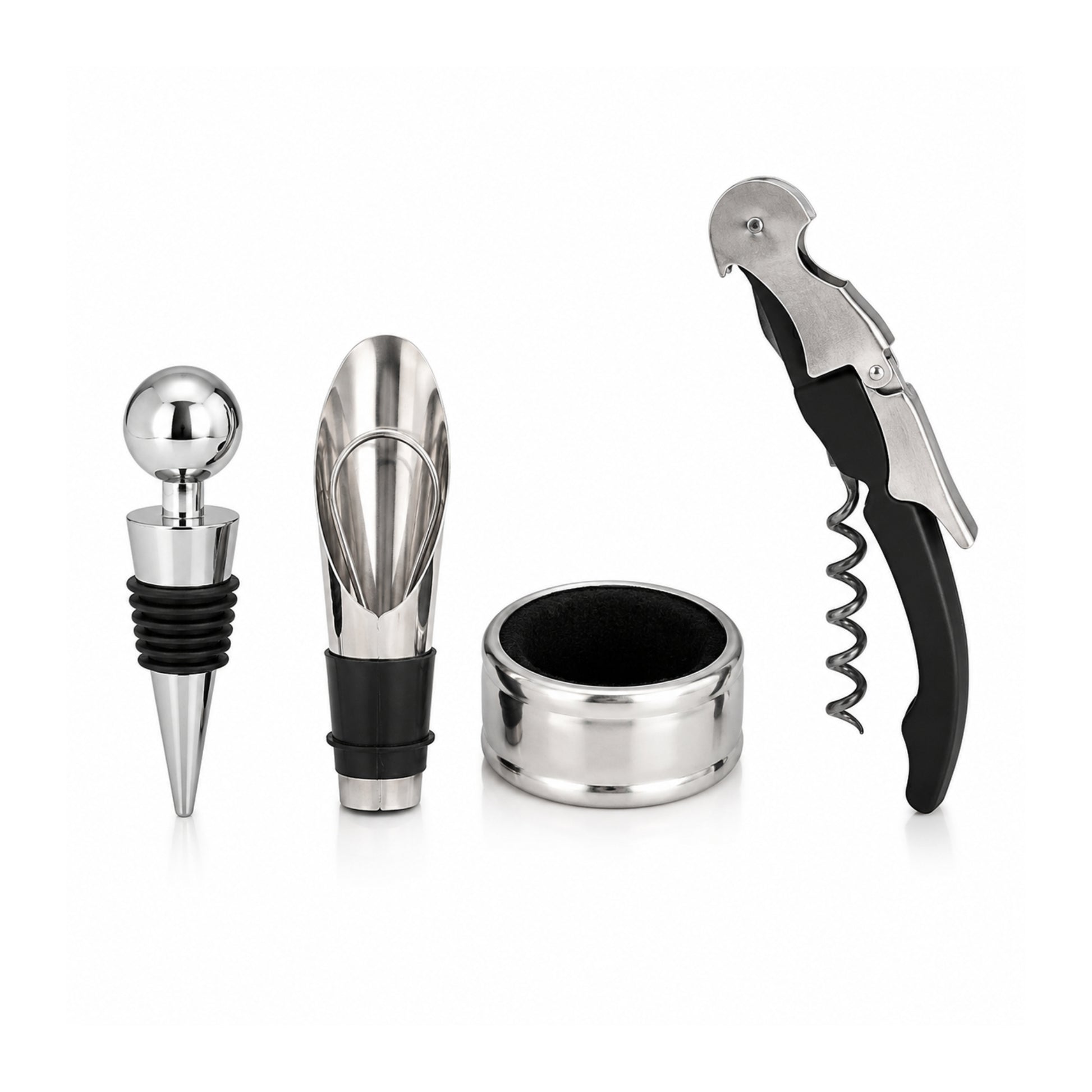 Set de utensilios para bar y vino, incluye sacacorchos, anillo antideslizante, accesorio para servir y tapa para botellas.