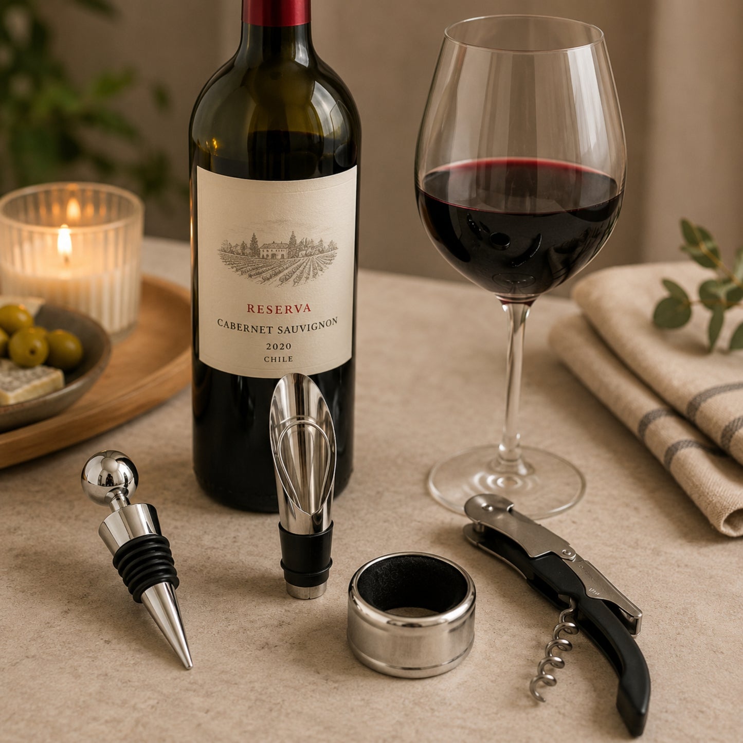 Set de utensilios para bar y vino, incluye sacacorchos, anillo antideslizante, accesorio para servir y tapa para botellas.
