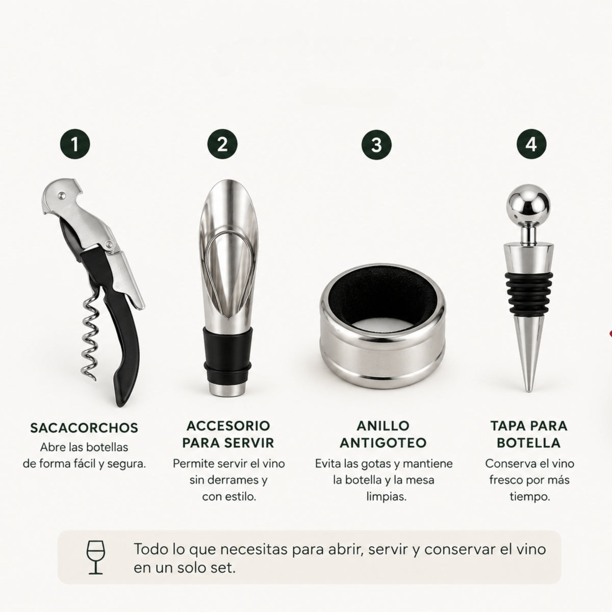 Set de utensilios para bar y vino, incluye sacacorchos, anillo antideslizante, accesorio para servir y tapa para botellas.