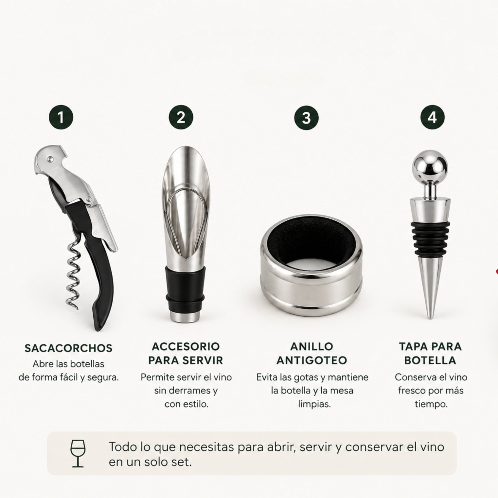 Set de utensilios para bar y vino, incluye sacacorchos, anillo antideslizante, accesorio para servir y tapa para botellas.
