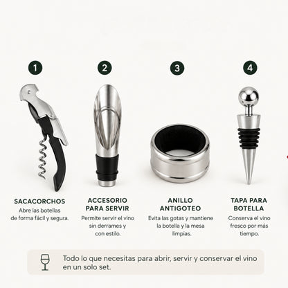 Set de utensilios para bar y vino, incluye sacacorchos, anillo antideslizante, accesorio para servir y tapa para botellas.