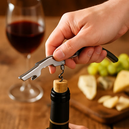 Set de utensilios para bar y vino, incluye sacacorchos, anillo antideslizante, accesorio para servir y tapa para botellas abiertas, todo fabricado en acero inoxidable y presentado en una caja de regalo.