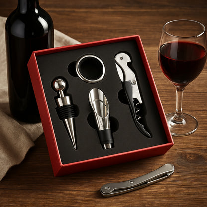 Set de utensilios para bar y vino, incluye sacacorchos, anillo antideslizante, accesorio para servir y tapa para botellas abiertas, todo fabricado en acero inoxidable y presentado en una caja de regalo.
