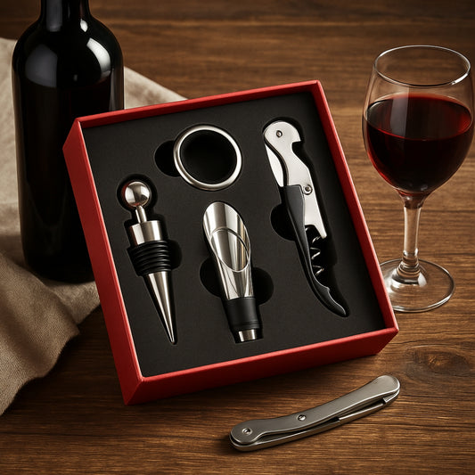 Set de utensilios para bar y vino, incluye sacacorchos, anillo antideslizante, accesorio para servir y tapa para botellas abiertas, todo fabricado en acero inoxidable y presentado en una caja de regalo.
