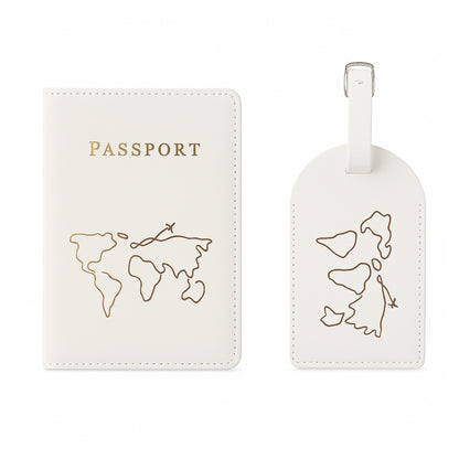Set de viaje en cuero vegano. Funda para pasaporte y tag para maleta a juego.