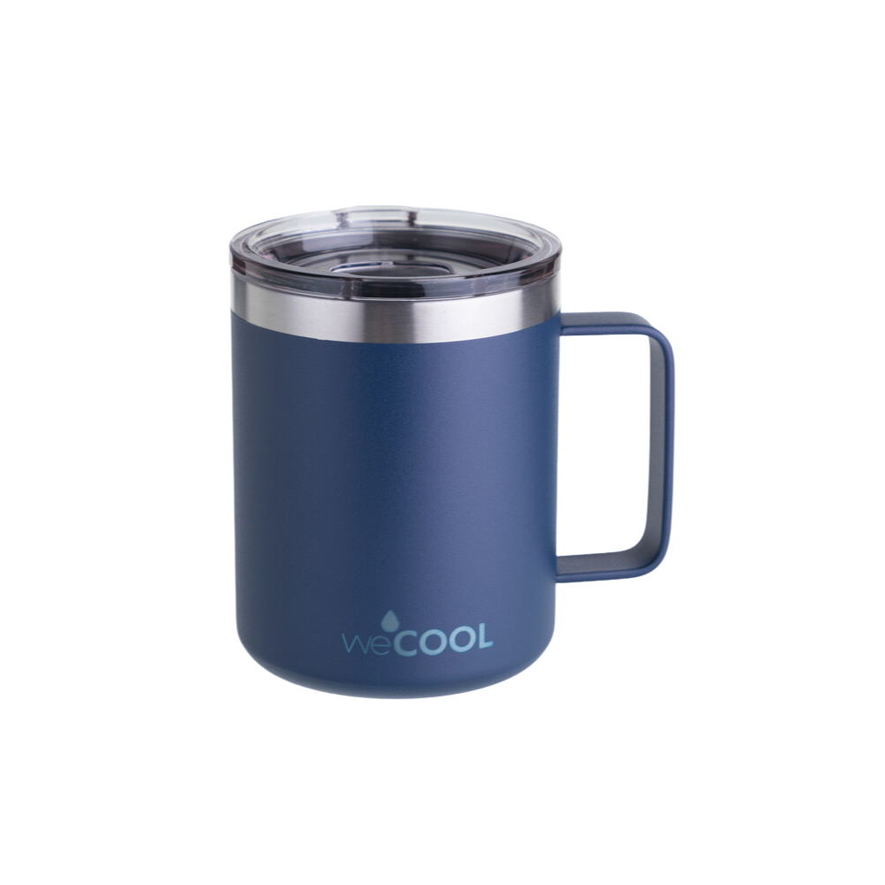 Taza térmica de acero inoxidable de 360 ml con tapa magnética en color azul. Mantiene el café caliente, ideal para oficina o en casa.