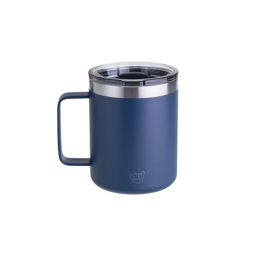 Taza térmica de acero inoxidable de 360 ml con tapa magnética en colores negro, gris, azul y turquesa, mantiene el café caliente, ideal para oficina o en casa.