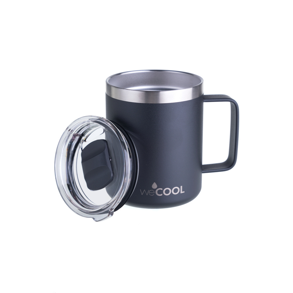 Taza térmica de acero inoxidable de 360 ml con tapa magnética en color negro. Mantiene el café caliente, ideal para oficina o en casa.