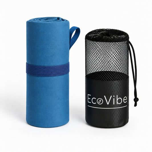 Toalla de microfibra ECOVIBE azul grande de 110 x 180 cm con funda de transporte