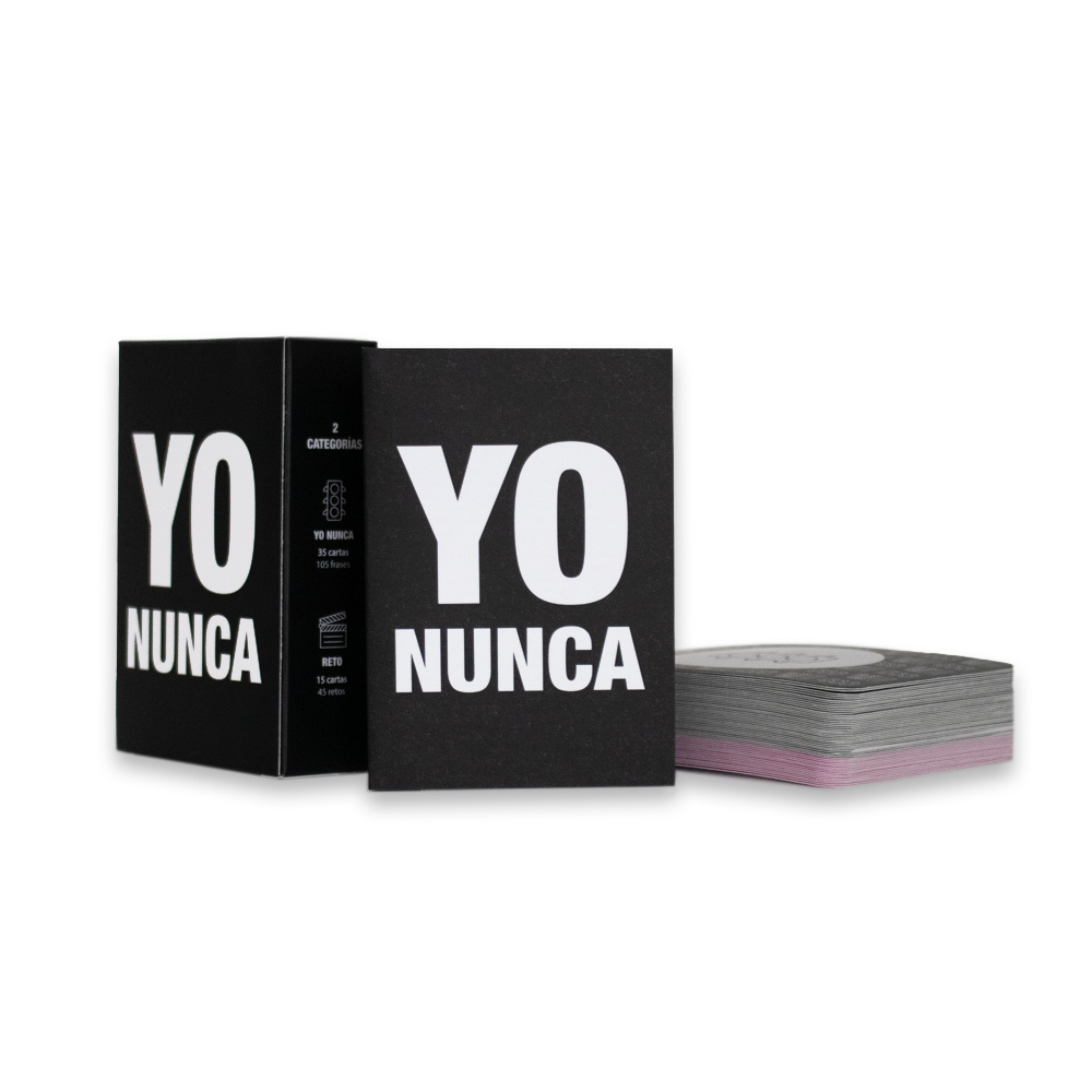 Yo Nunca, juego de cartas para fiestas, con 50 cartas divididas en 2 categorías y 3 niveles de intensidad, perfecto para divertirse con amigos y desconocidos. Venta exclusiva para mayores de 18 años.