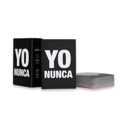 Yo Nunca, juego de cartas para fiestas, con 50 cartas divididas en 2 categorías y 3 niveles de intensidad, perfecto para divertirse con amigos y desconocidos. Venta exclusiva para mayores de 18 años.