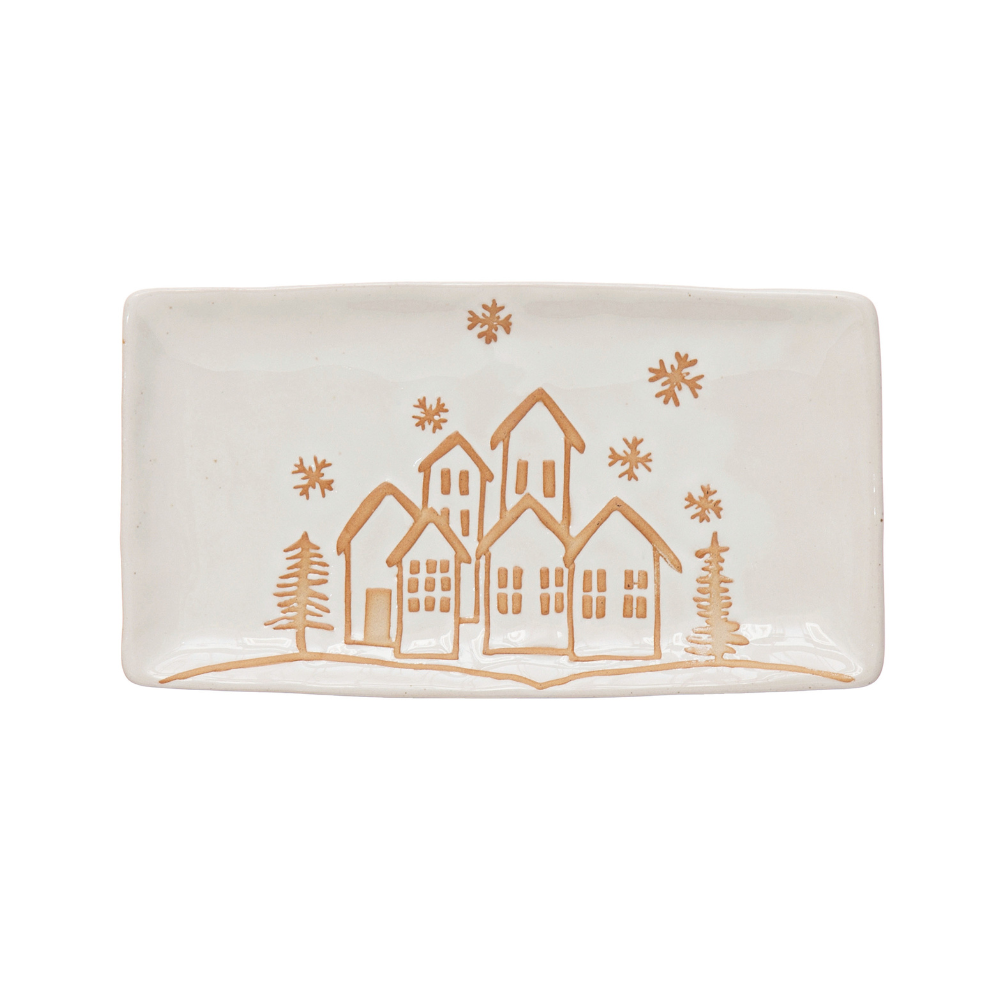 Bandeja de cerámica Winter Town con diseño navideño en relieve y acabado esmaltado