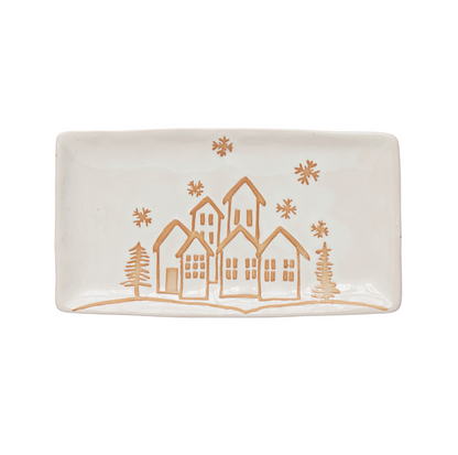 Bandeja de cerámica Winter Town con diseño navideño en relieve y acabado esmaltado