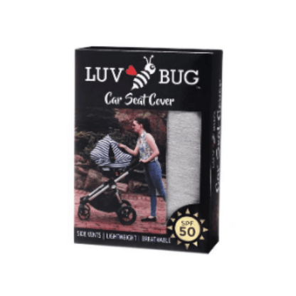 Cobertor para coche de bebé con UPF 50+ y estampado Love, gris, hojas verdes, o rayas azules, diseñado para protección solar, ventilación y comodidad.