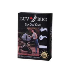 Cobertor para coche de bebé con UPF 50+ y estampado Love, gris, hojas verdes, o rayas azules, diseñado para protección solar, ventilación y comodidad.