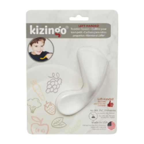 Cuchara ergonómica para bebé zurdo en colores blanco y rosado, diseño curvado para facilitar la autoalimentación, libre de BPA y ftalatos.