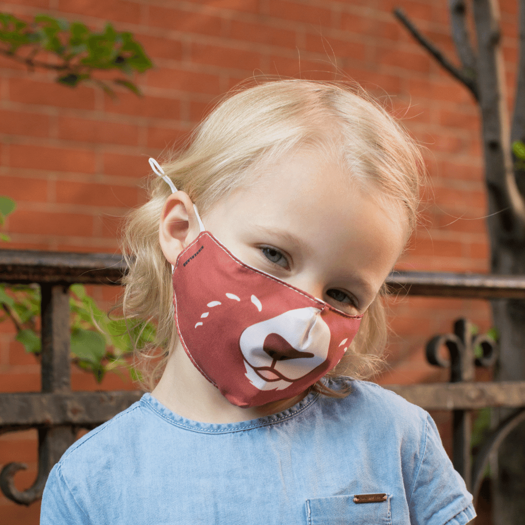 Mascarilla para niños de doble capa con tiras regulables, disponible en 4 diseños: gato, perro, tigre y oso. Ideal para protección y comodidad.