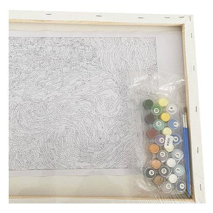 Pintura por números Dinosaurio Colorido, ideal para niños, incluye lienzo, pinturas acrílicas, pinceles y ganchos.