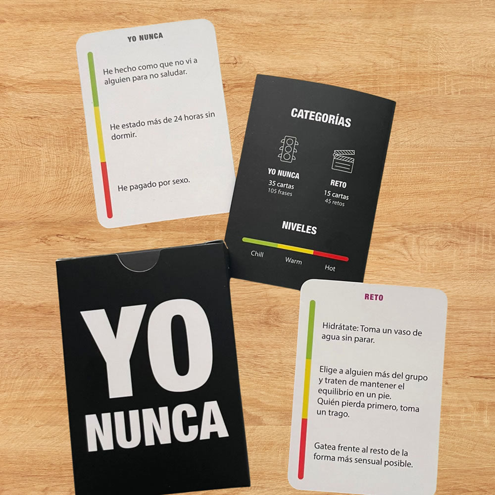 Yo Nunca, juego de cartas para fiestas, con 50 cartas divididas en 2 categorías y 3 niveles de intensidad, perfecto para divertirse con amigos y desconocidos. Venta exclusiva para mayores de 18 años.
